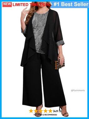 Plus Size 3 Piece Formal Pant Suit Sparkly Chiffon Jacket Set Dressy Wedding